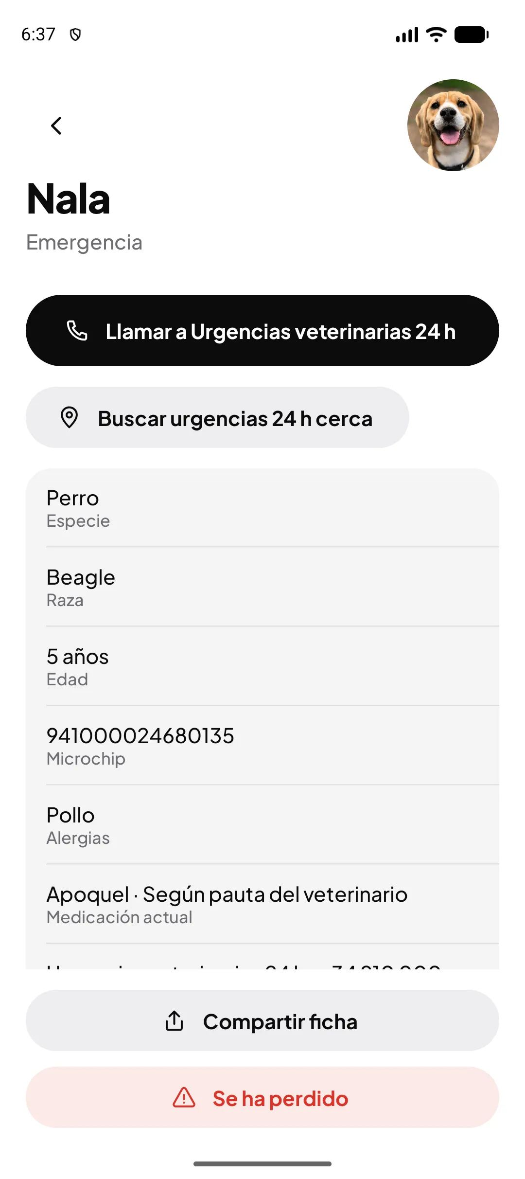 Ficha de emergencia de Miloop con datos de ejemplo