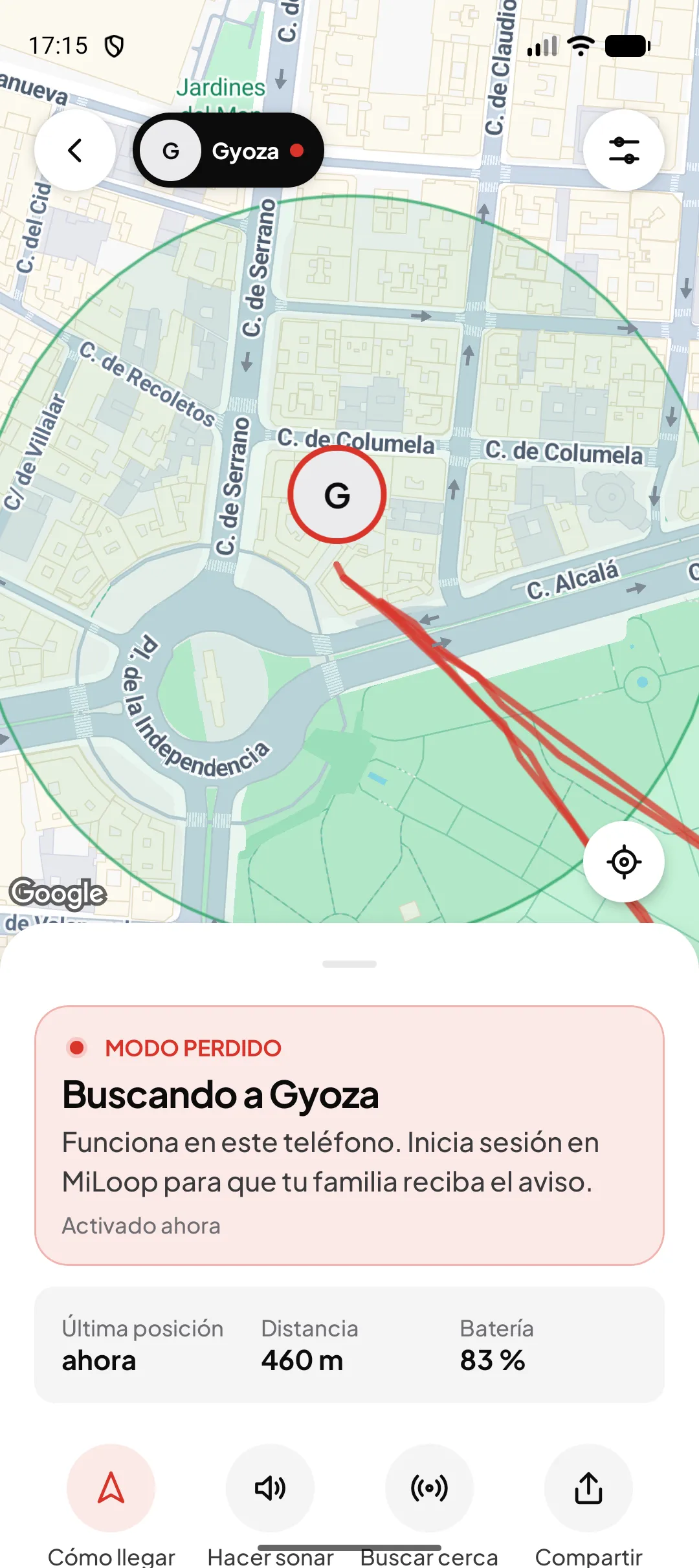 Modo perdido de Miloop con el rastro de la mascota de ejemplo sobre el mapa (localizador de demostración)