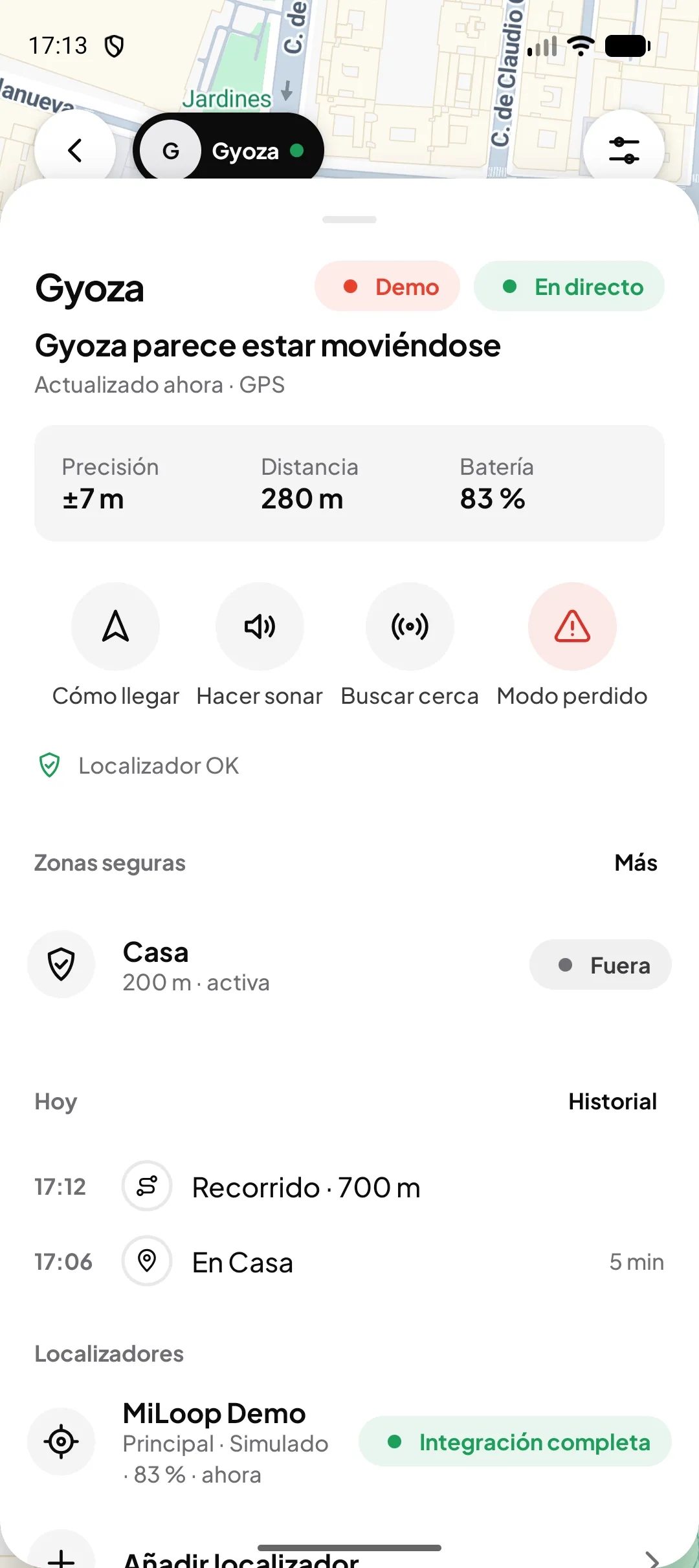 Localizar en Miloop: la mascota de ejemplo ha salido de la zona segura Casa (localizador de demostración)