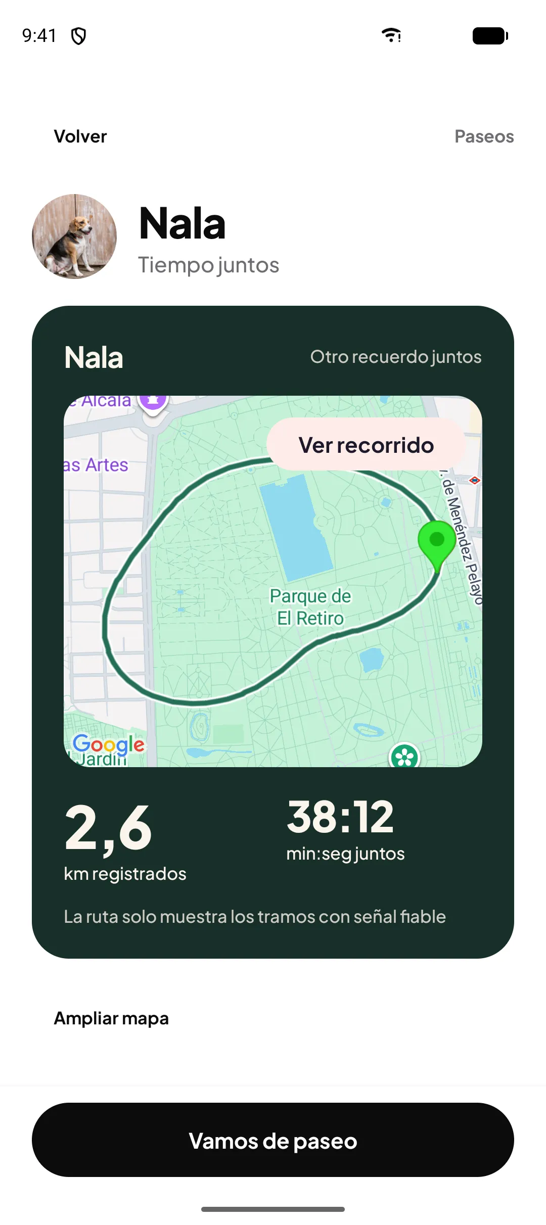 Sus paseos, con el recorrido en el mapa