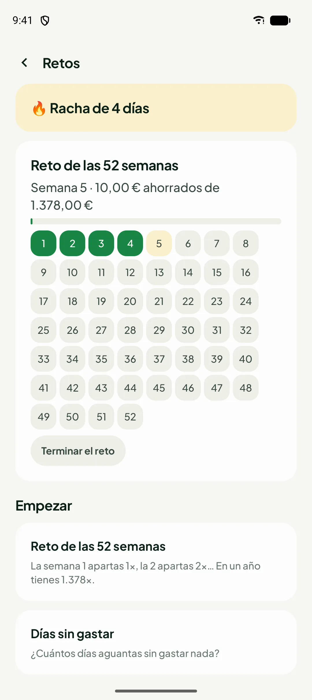 Retos de ahorro de Pastizal con el reto de las 52 semanas